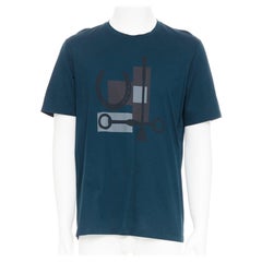 HERMES dark teal blue horse bit print cotton crew neck tshirt