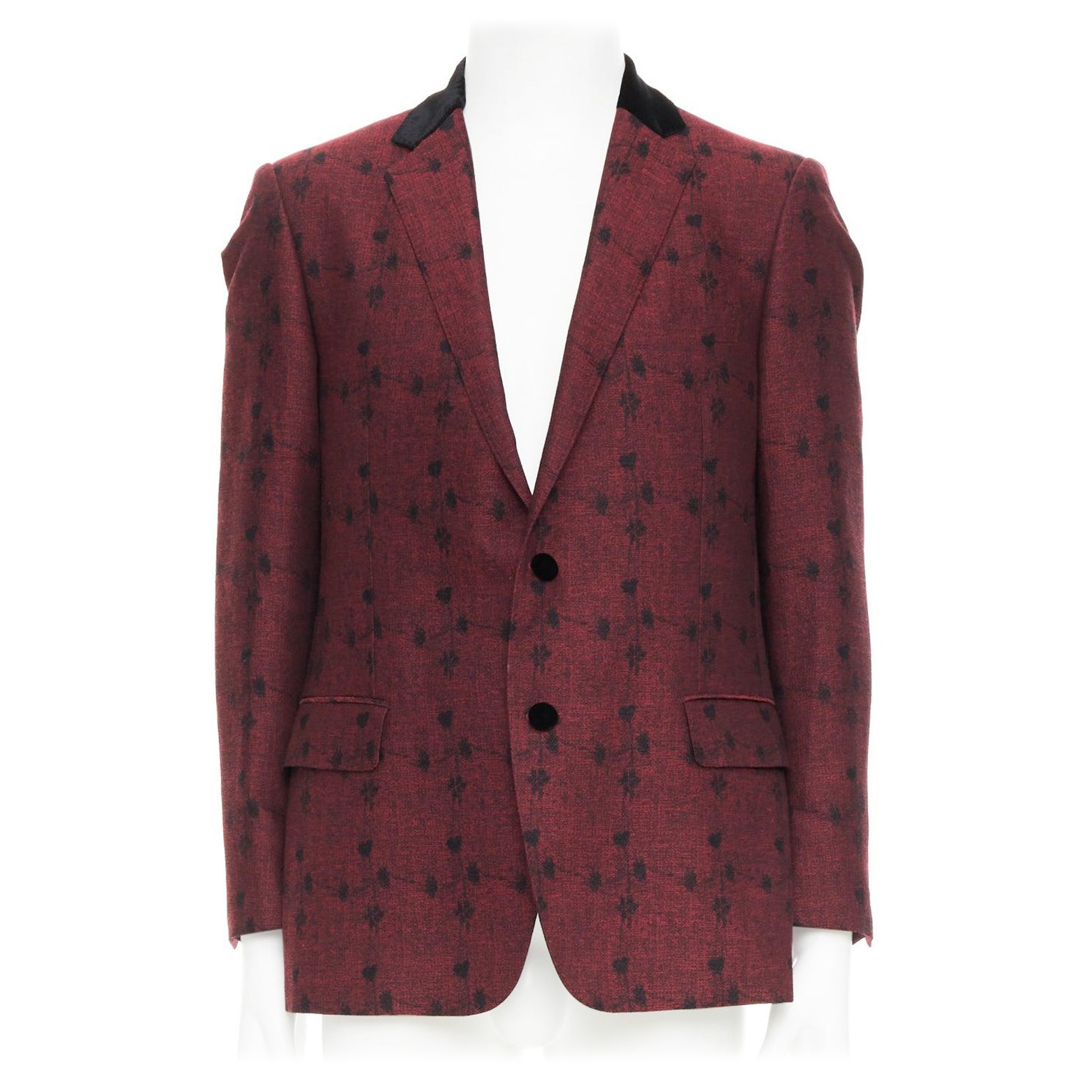 ETRO blazer floral de lana y seda con ribetes de terciopelo rojo vino IT52 XL