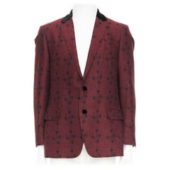 ETRO blazer floral de lana y seda con ribetes de terciopelo rojo vino IT52 XL