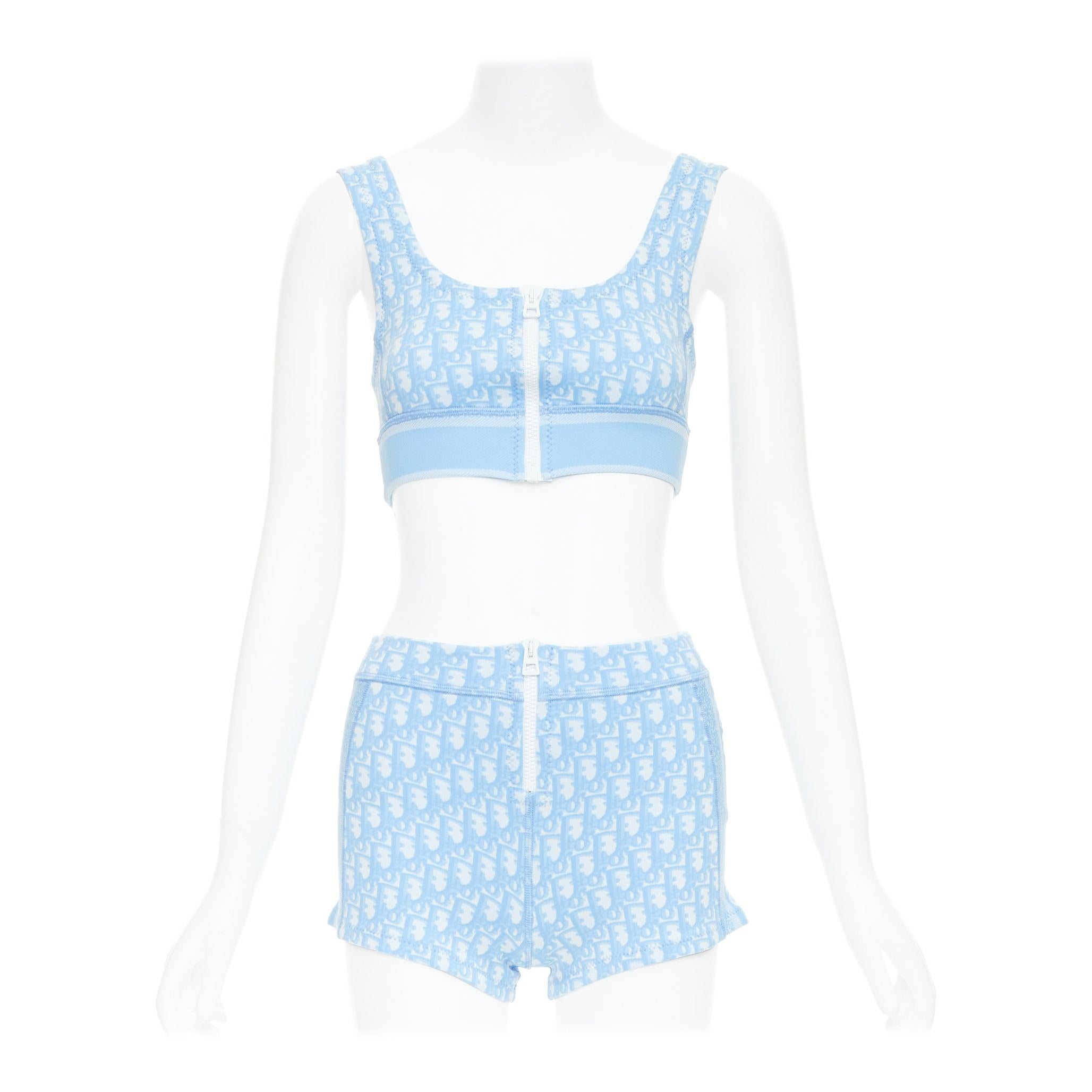 CHRISTIAN DIOR 2021 azul blanco Monograma oblicuo cremallera crop top short conjunto FR34 XS en venta