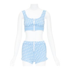 CHRISTIAN DIOR 2021 blue white Oblique monogram zip crop top shorts set FR34 XS
