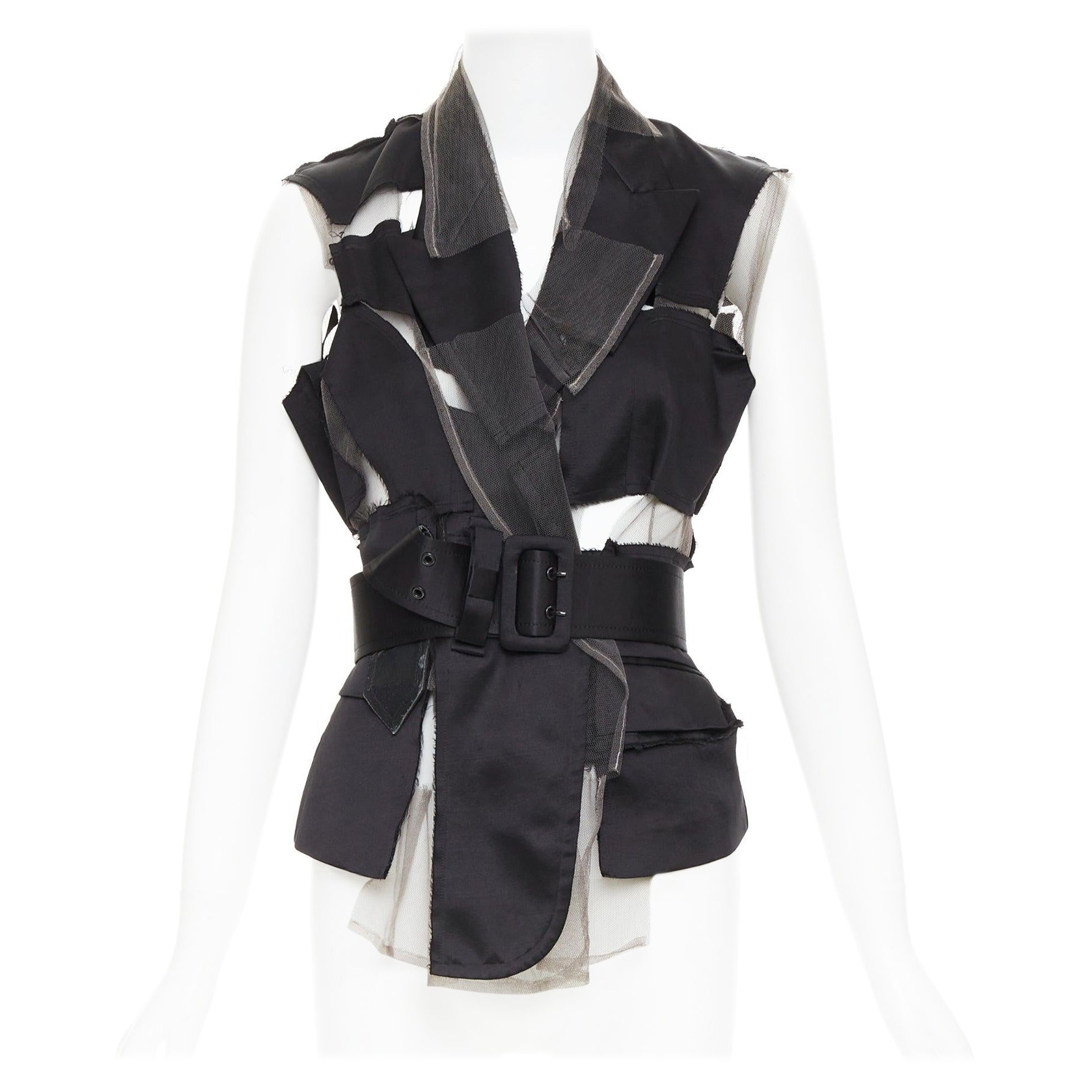 COMME DES GARCONS 2007 Runway black satin sheer patchwork tulle belted vest S