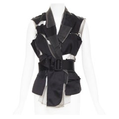 COMME DES GARCONS 2007 Runway black satin sheer patchwork tulle belted vest S