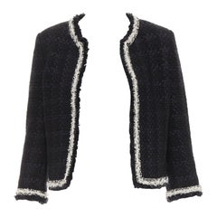 SAINT LAURENT 2021 navy wool silk tweed silver chain braided trim jacket FR38 M
