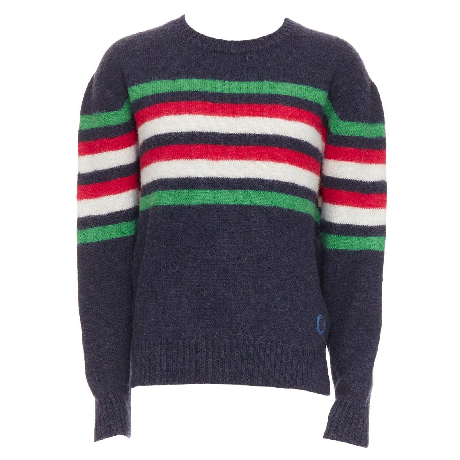 GUCCI navy green red striped embroidered logo crew sweater