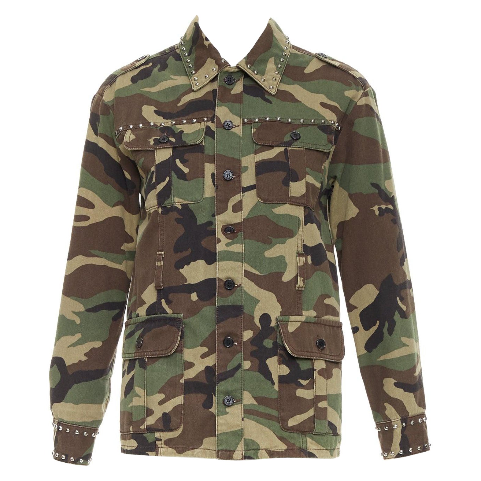 SAINT LAURENT 2015 Greene & Greene & Greene, giacca militare in cotone con borchie XS