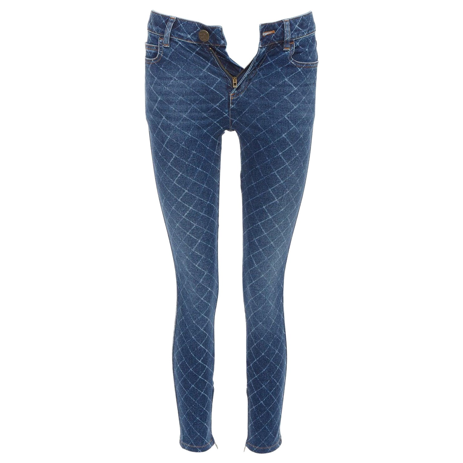 CHANEL 2017 azul oscuro denim lavado rejilla diamante CC botón vaqueros pitillo FR34 XS