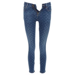 CHANEL 2017 dark blue washed denim diamond grid CC button skinny jeans FR34 XS
