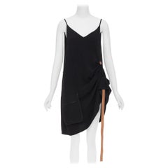 LOEWE black crepe brown anagram leather gathered side dress XS