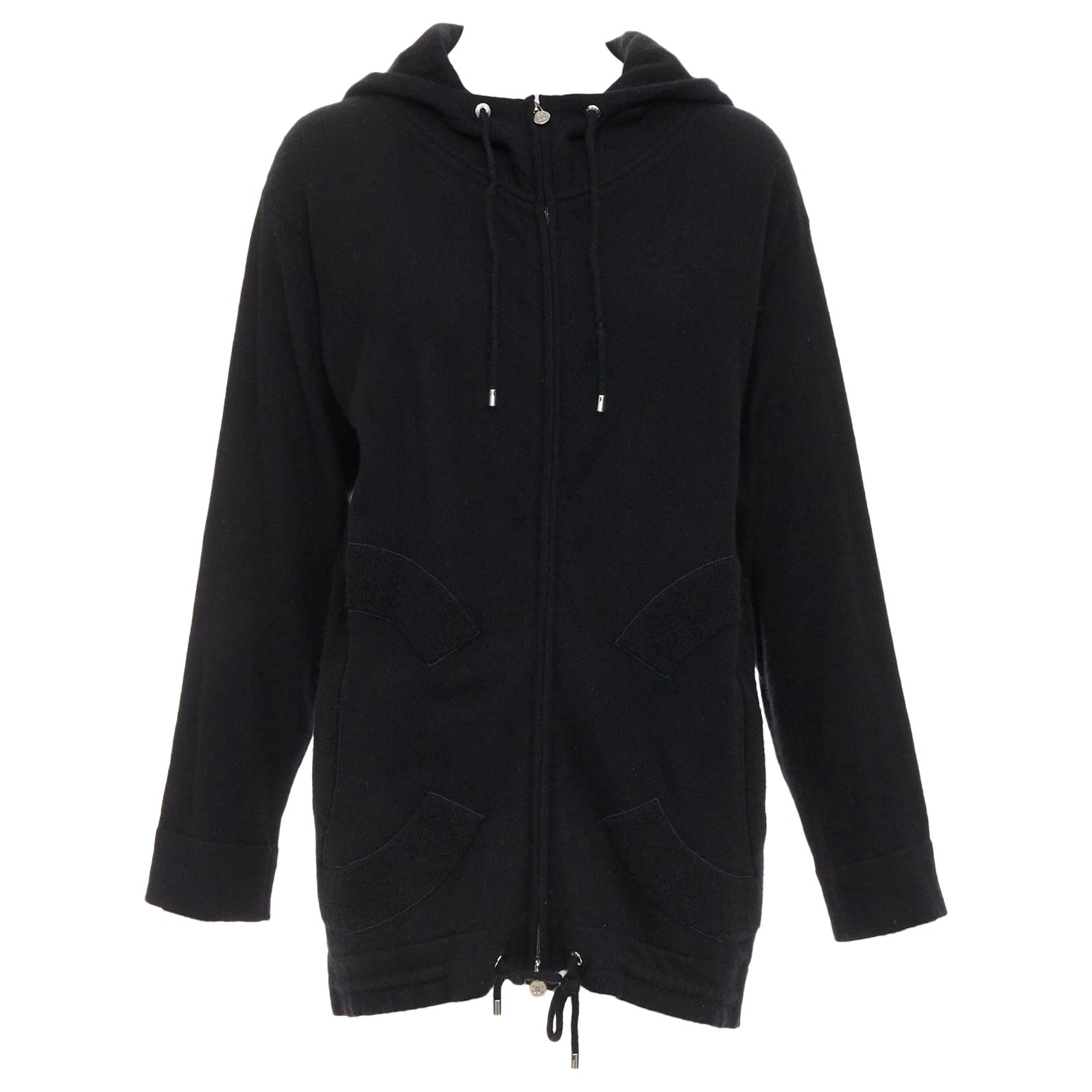 CHANEL 2015 Karl Lagerfeld Sudadera con capucha 100% cachemira negra doble bolsillos CC FR34 XS