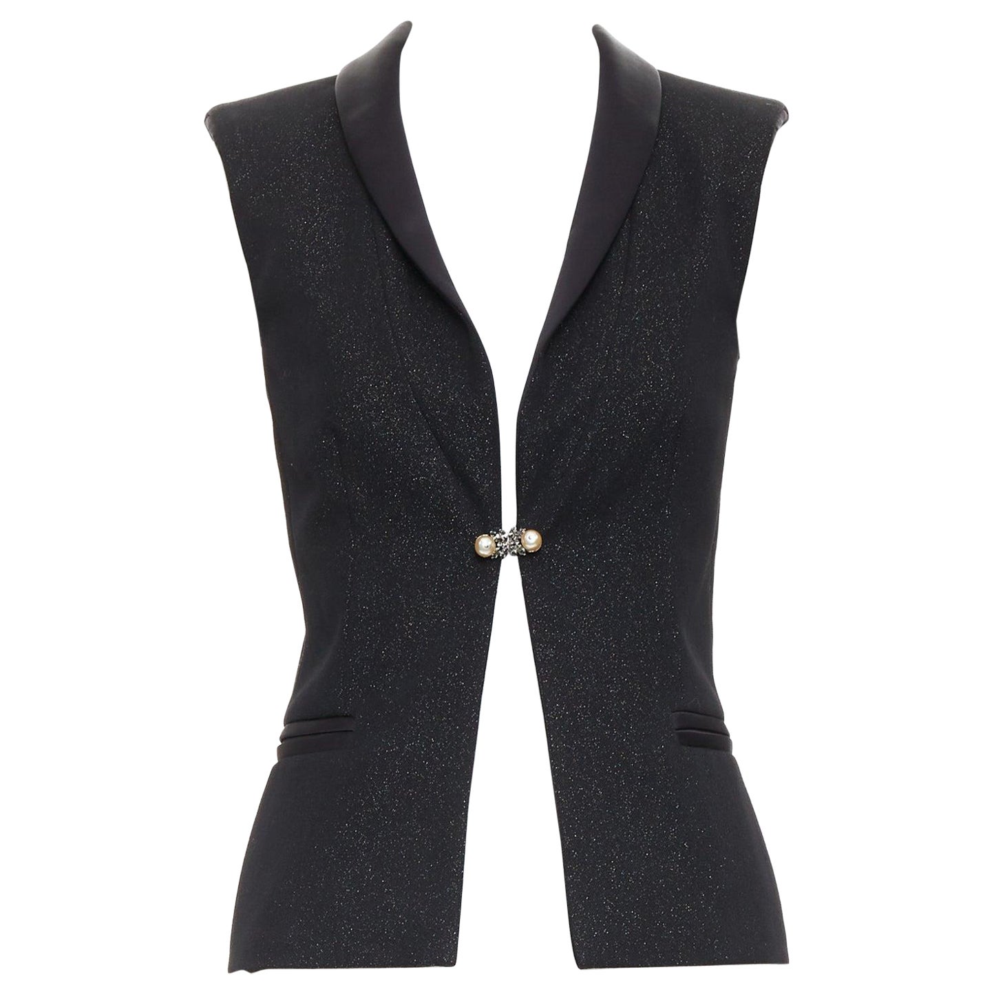 CHANEL Wollmischung Lurex Perlenkristall Knopf Satin Schalkragen Weste Jacke FR36 im Angebot
