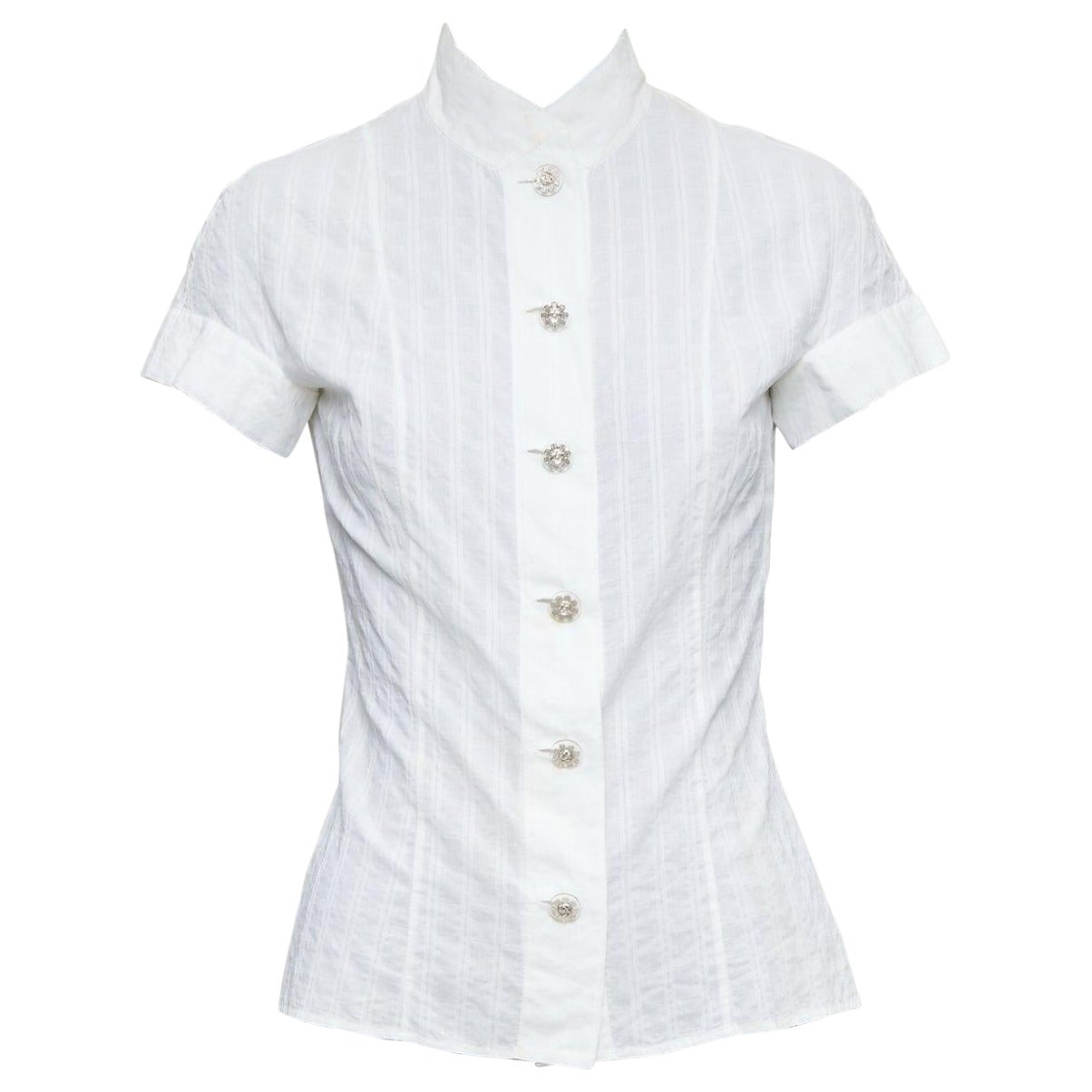 CHANEL 2016 chemise cintrée en coton crème à rayures avec logo CC FR34 XS en vente