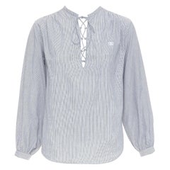 CELINE Romy grau-weiß gestreifte Baumwoll-Voile Bluse mit Spitze und Anagramm FR36 S