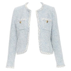 CELINE 2023 baby blue white wool cotton boucle tweed trim jacket FR36 S