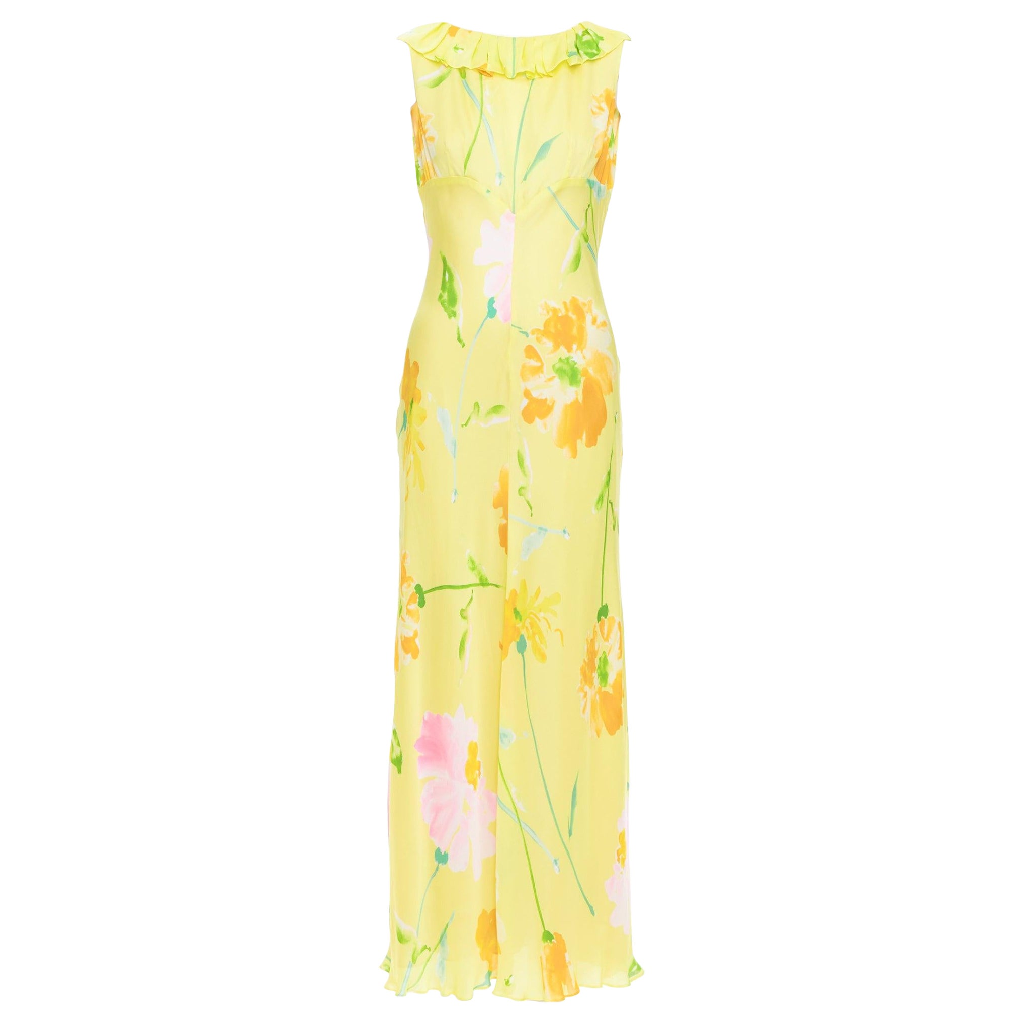 DONNA KARAN Robe longue vintage jaune à imprimé floral et col volanté en vente