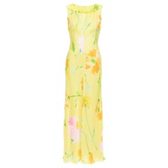 Seltenes DONNA KARAN Vintage Maxikleid mit gelbem Blumendruck und Rüschenkragen