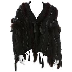 TOM FORD for GUCCI BLACK WOOL SWEATER CARDIGAN w/RIBBONS and FOX FUR size M 4
