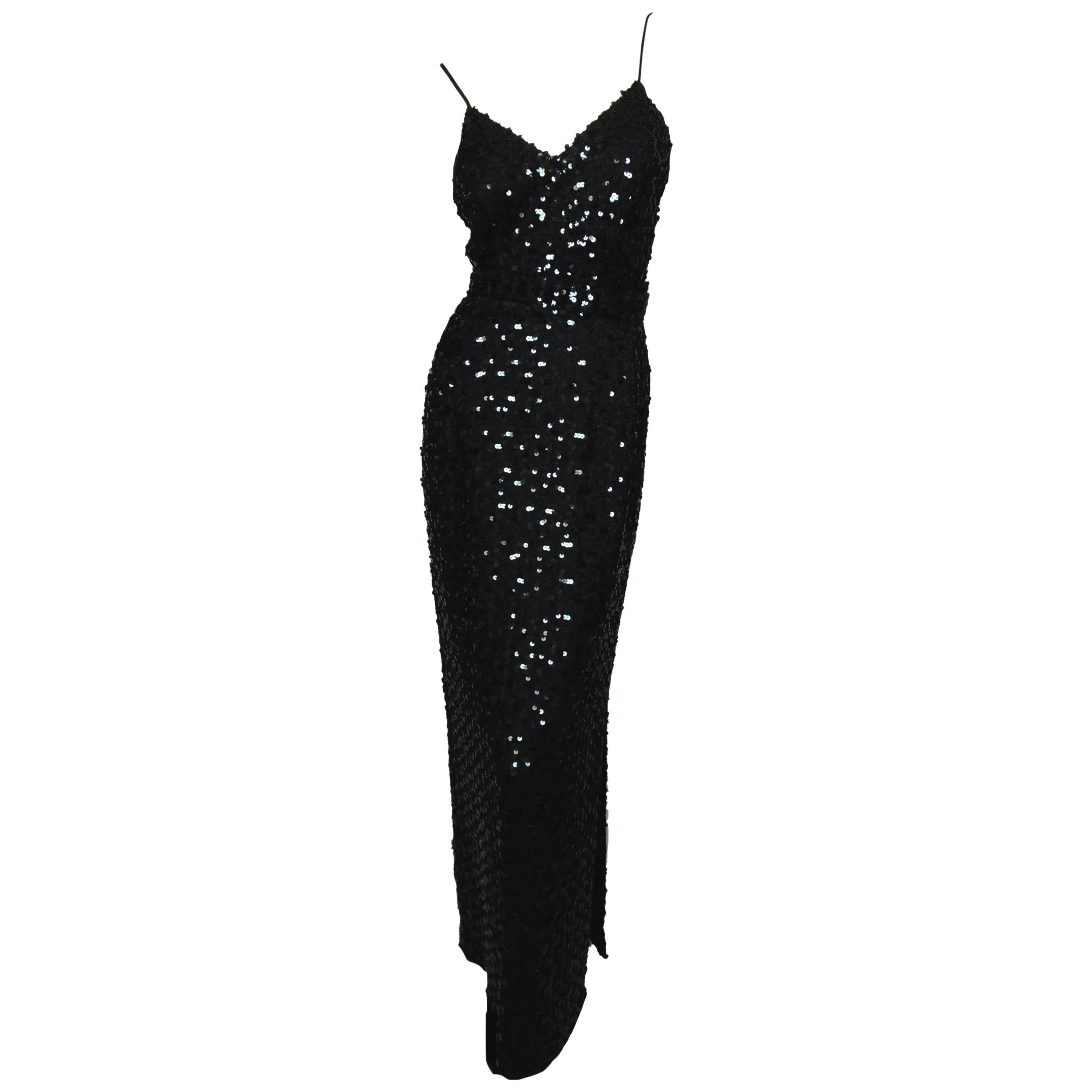 Vintage Lilli Diamond California Black Sequins Evening Gown with Belt 70s Size 