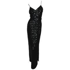 Vintage Lilli Diamond California Black Sequins Evening Gown with Belt 70s Size 