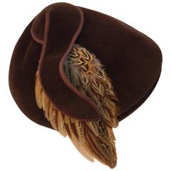 1930s Chocolate Brown Velvet Hat with Feather Accent