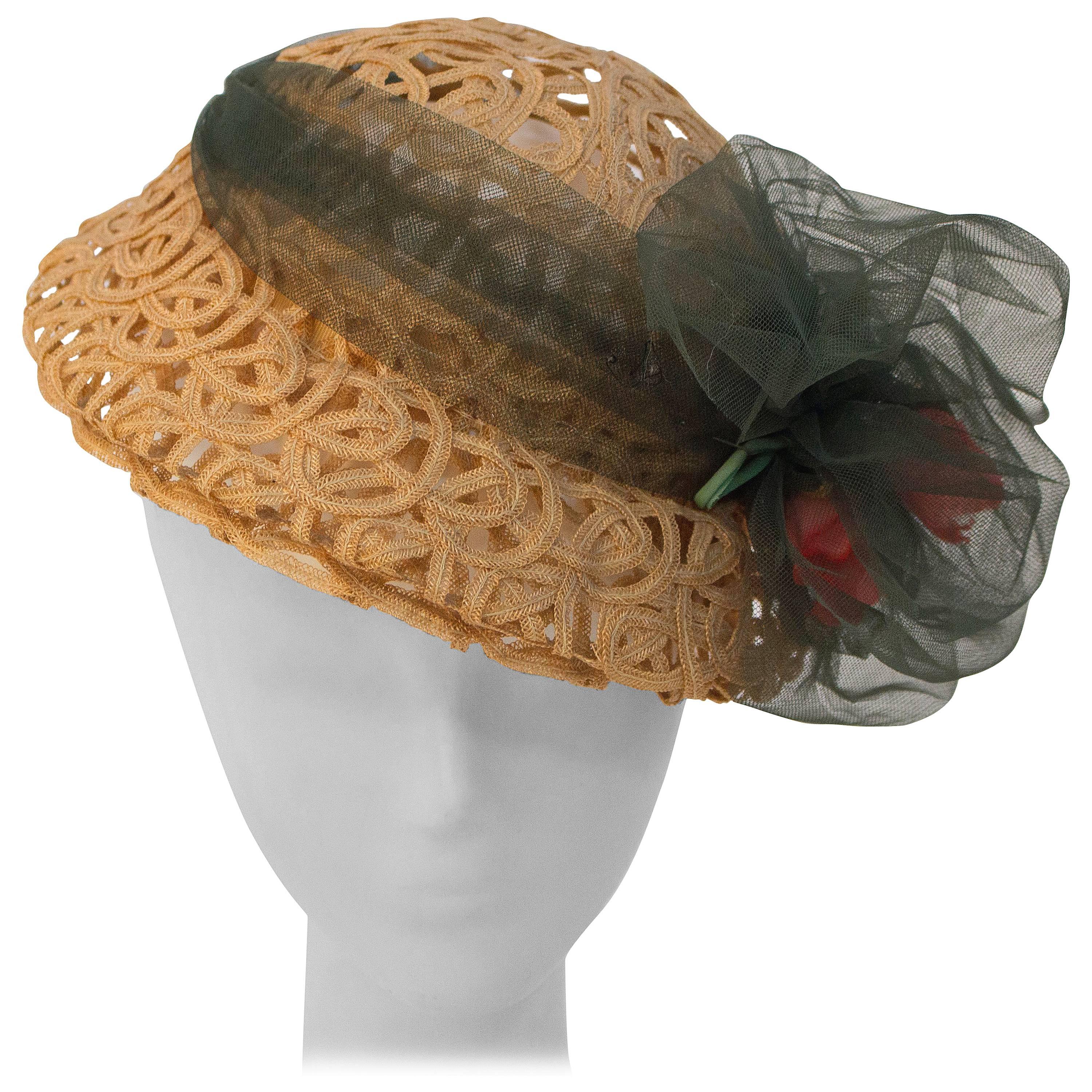 30s Straw Ribbon Hat with Tulle Band