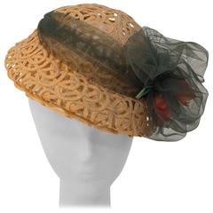 30s Straw Ribbon Hat with Tulle Band 10