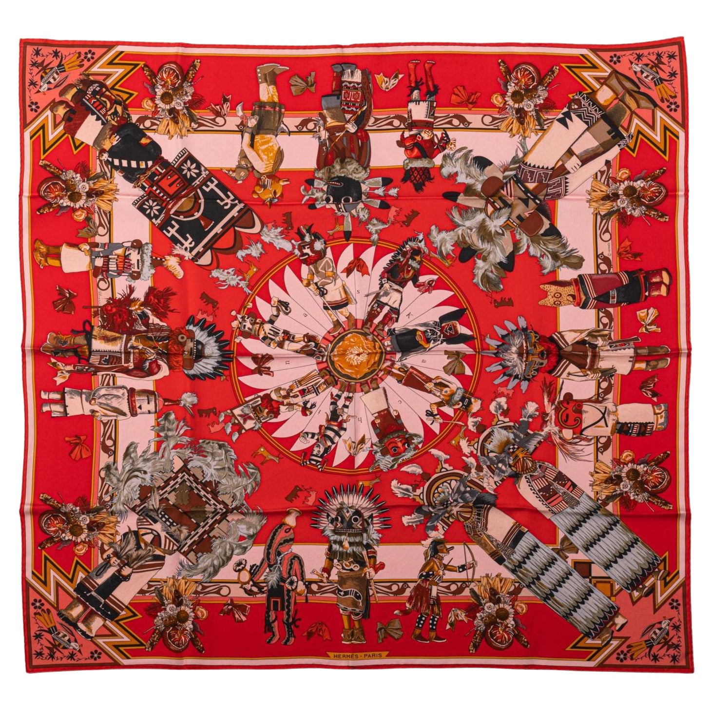 Écharpe en soie rouge Kachinas d'Hermès par Kermit Oliver en vente
