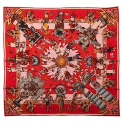 Écharpe en soie rouge Kachinas d'Hermès par Kermit Oliver