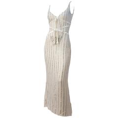 90s Badgley Mischka Cream Silk Chiffon Embellished Gown
