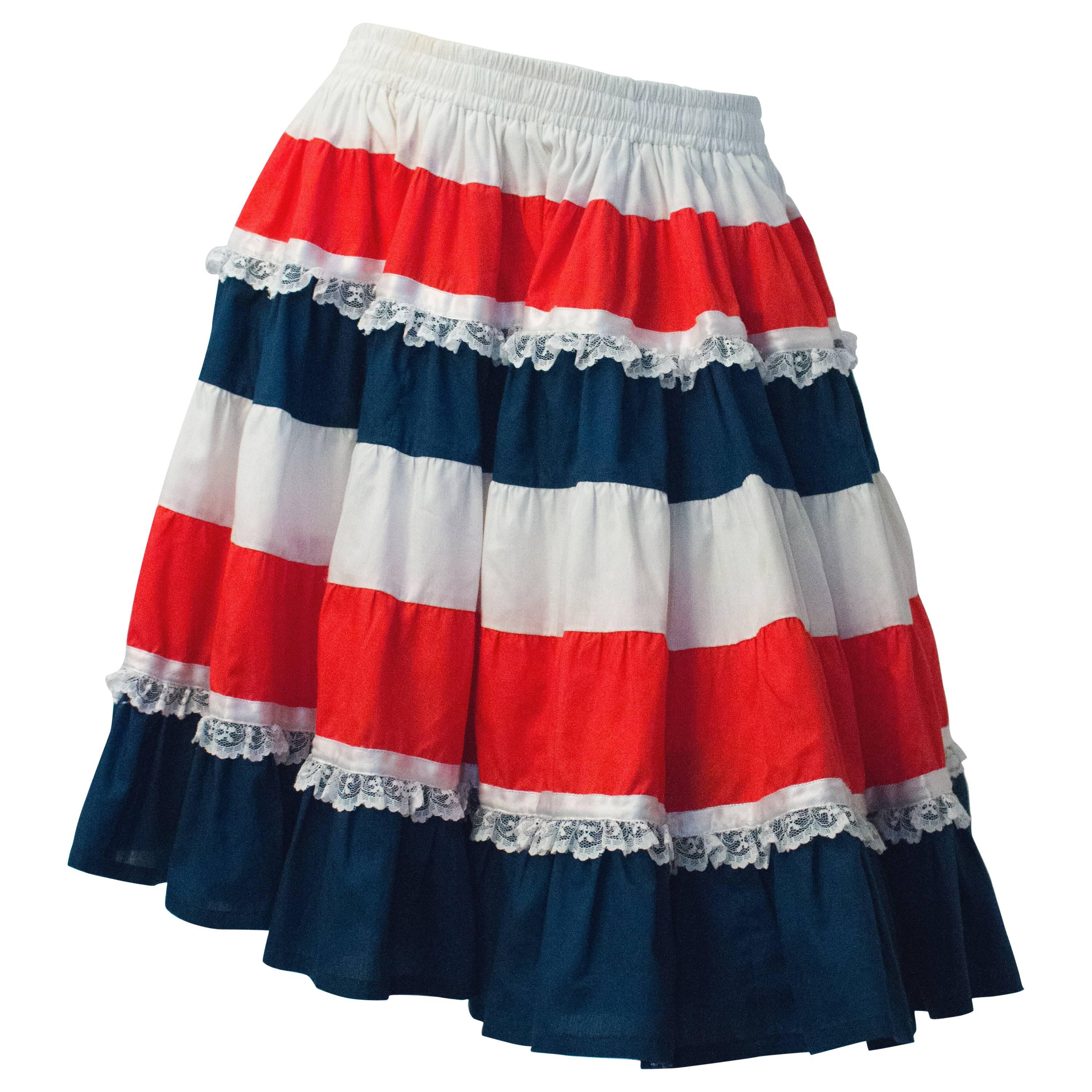 60s Red White and Blue Ruffle Skirt with Lace Trim