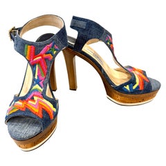 Jimmy Choo Nixon Embroidered Denim Platform Mules  Size 39