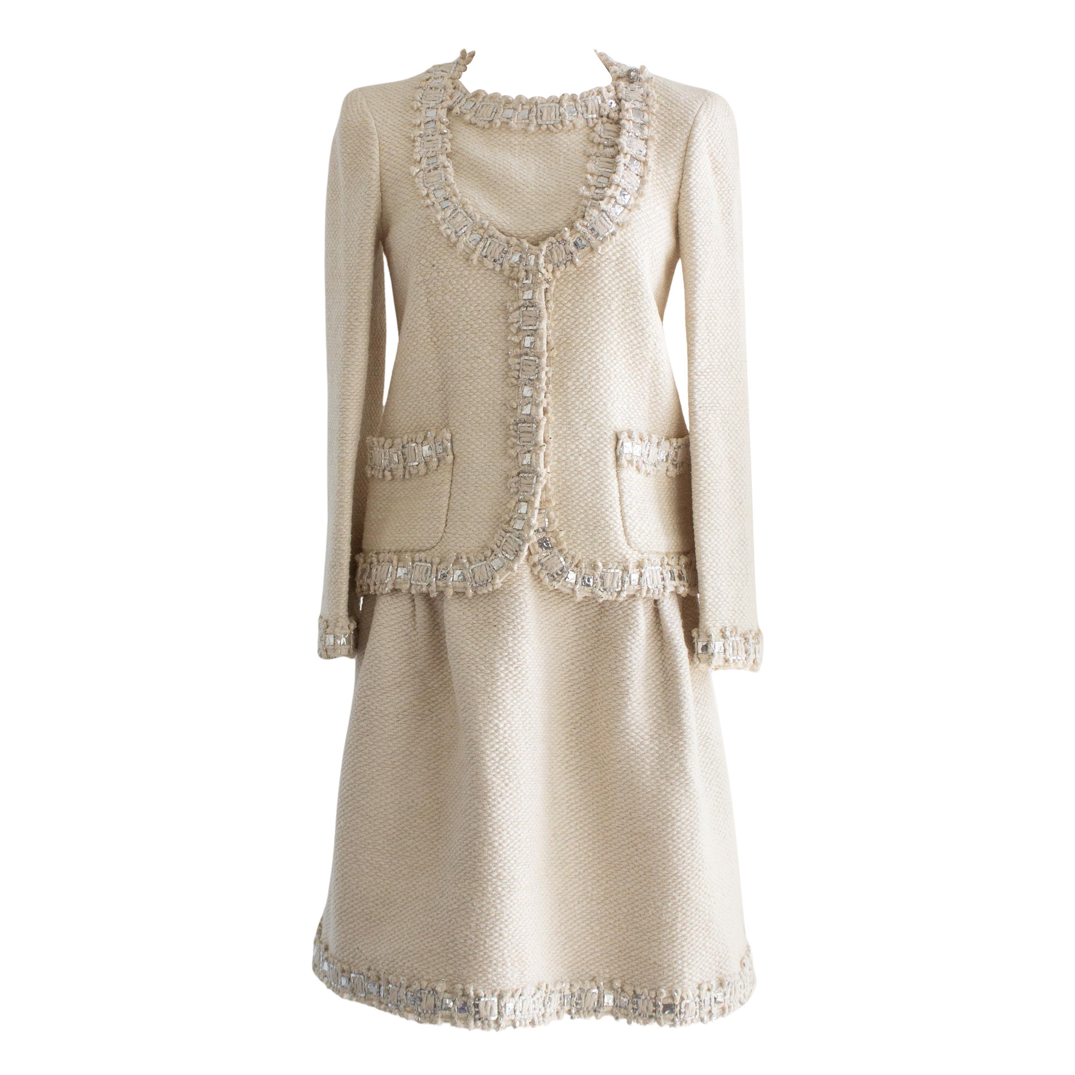 Chanel Pre-Fall 2012 Bombay Ecru Argento Impreziosito Tweed 12A Giacca Abito in vendita