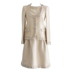 Used Chanel Pre-Fall 2012 Bombay Ecru Silver Embellished Tweed 12A Jacket Suit