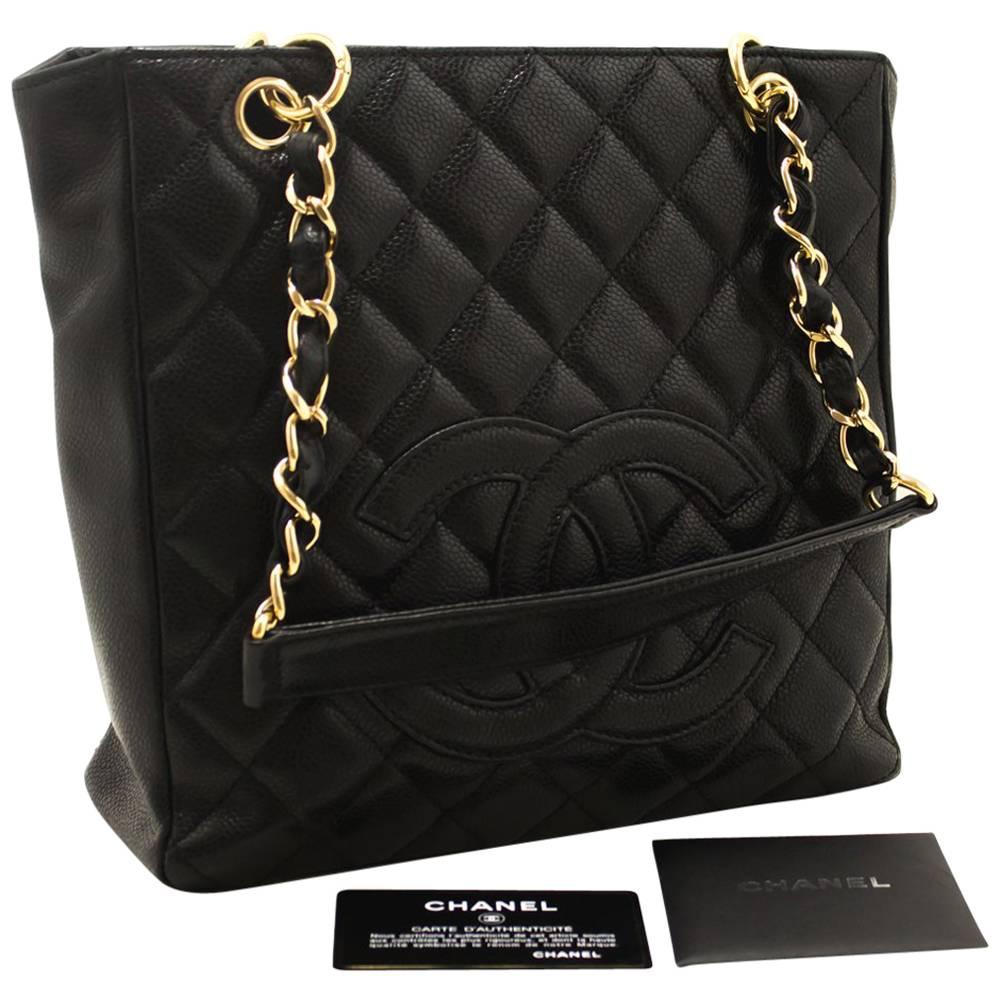 CHANEL Caviar Chain Shoulder Bag Shopping Tote Black Quilted 