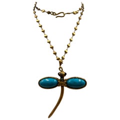 Gold-Toned Brass Blue Dragonfly Statement Necklace