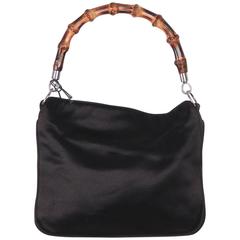 GUCCI Black Satin Fabric SMALL HANDBAG Evening Bag w/ BAMBOO Handle