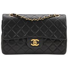1990s Chanel Black Quilted Lambskin Vintage Small Classic Double Flap Bag