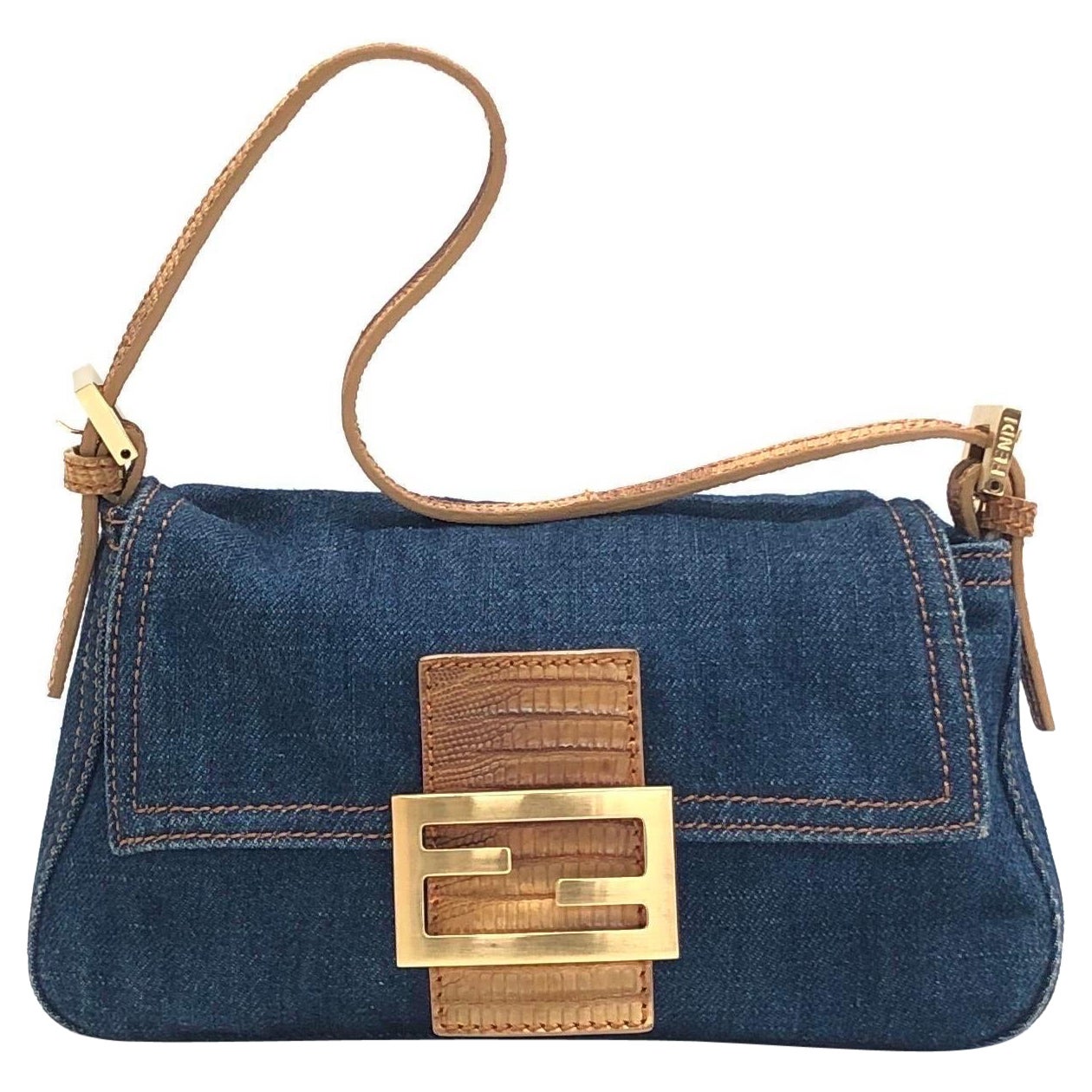 Fendi Mini Mamma Baguette Blau Denim Gelb Lederriemen
