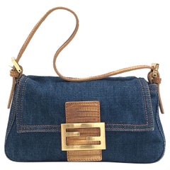 Fendi Mini Mamma Baguette Blue Denim Yellow Leather Strap