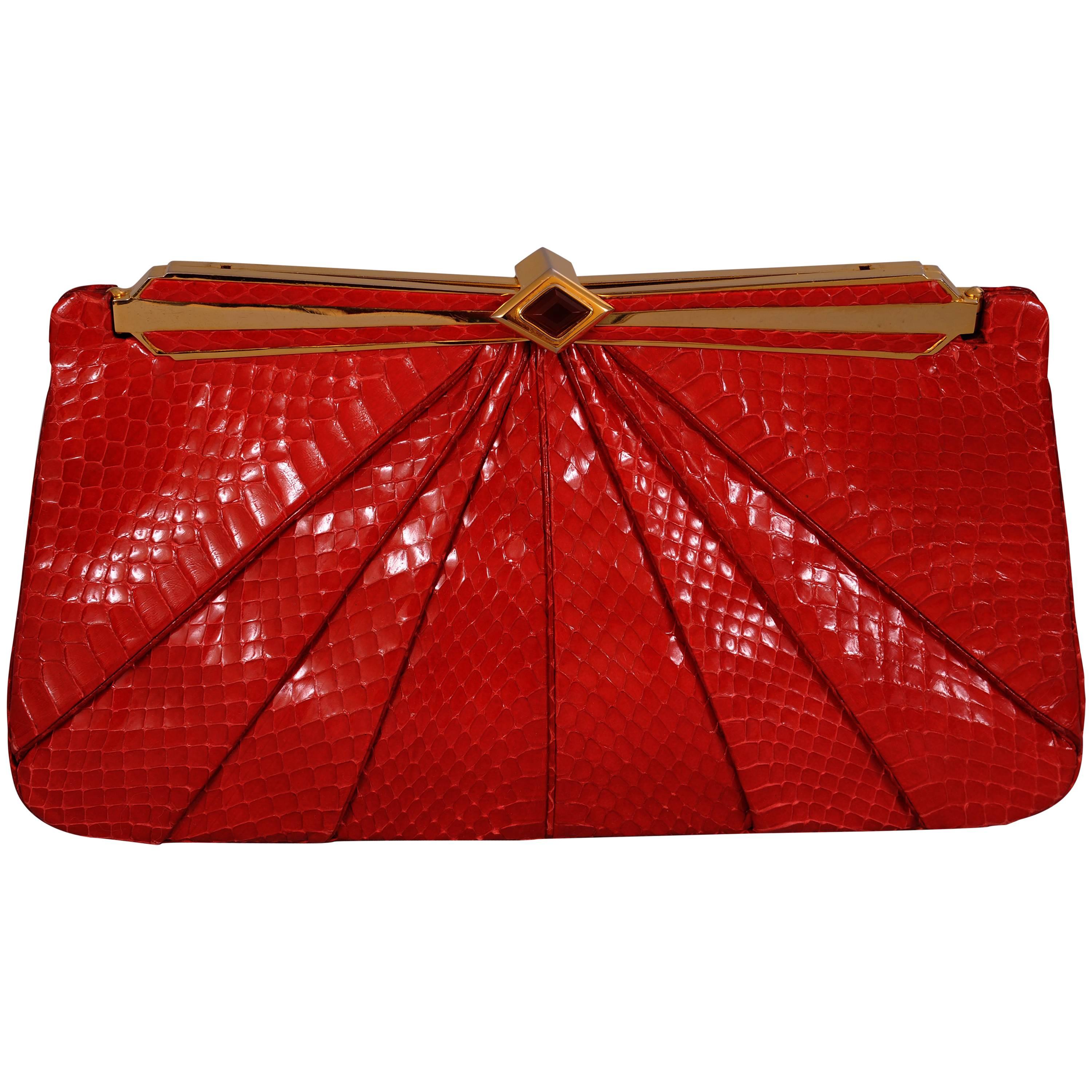 Judith Leiber  Red Snakeskin Clutch or Shoulder Bag