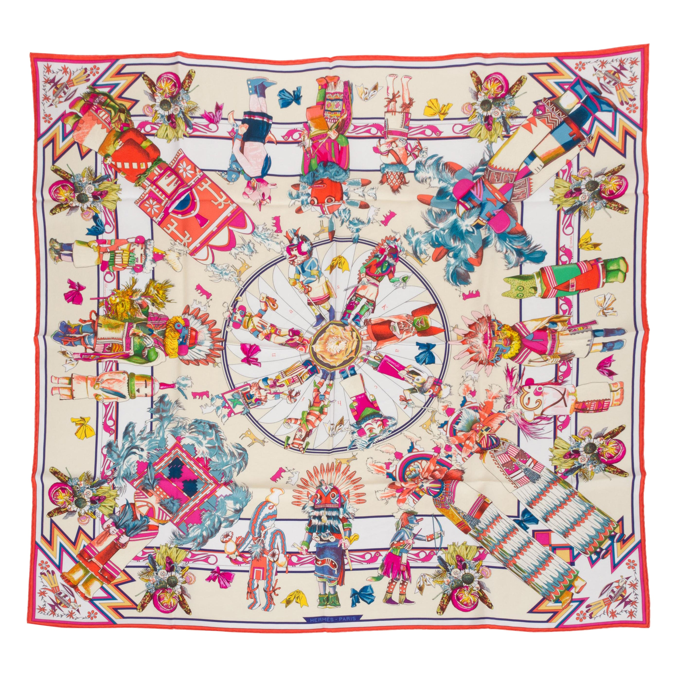 Nuevo en Caja Hermès Bufanda Kachinas Seda Coral Blanca
