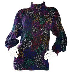 1970s YVES SAINT LAURENT Silk Leaf Print Vibrant Vintage 70s Blouse Top 2