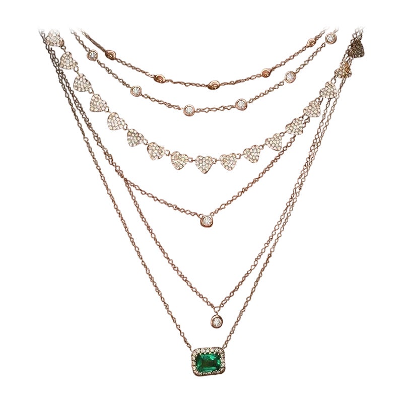 Collana con ciondoli vintage a 6 file di cristalli multipli in tonalità oro con cuori a più strati