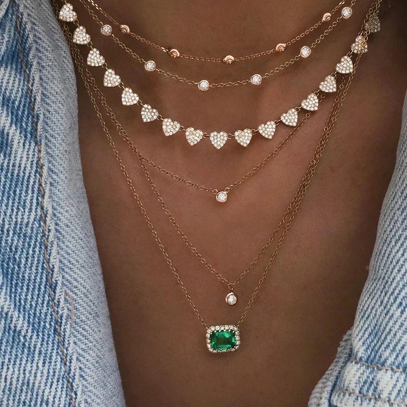 6 Row Multi Crystal Gold Tone Multi Layer Hearts Vintage Pendants Necklace