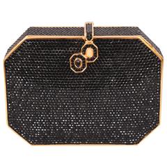 Judith Leiber Black Jeweled Minaudiere, Rose Quartz and Onyx Clasp 1