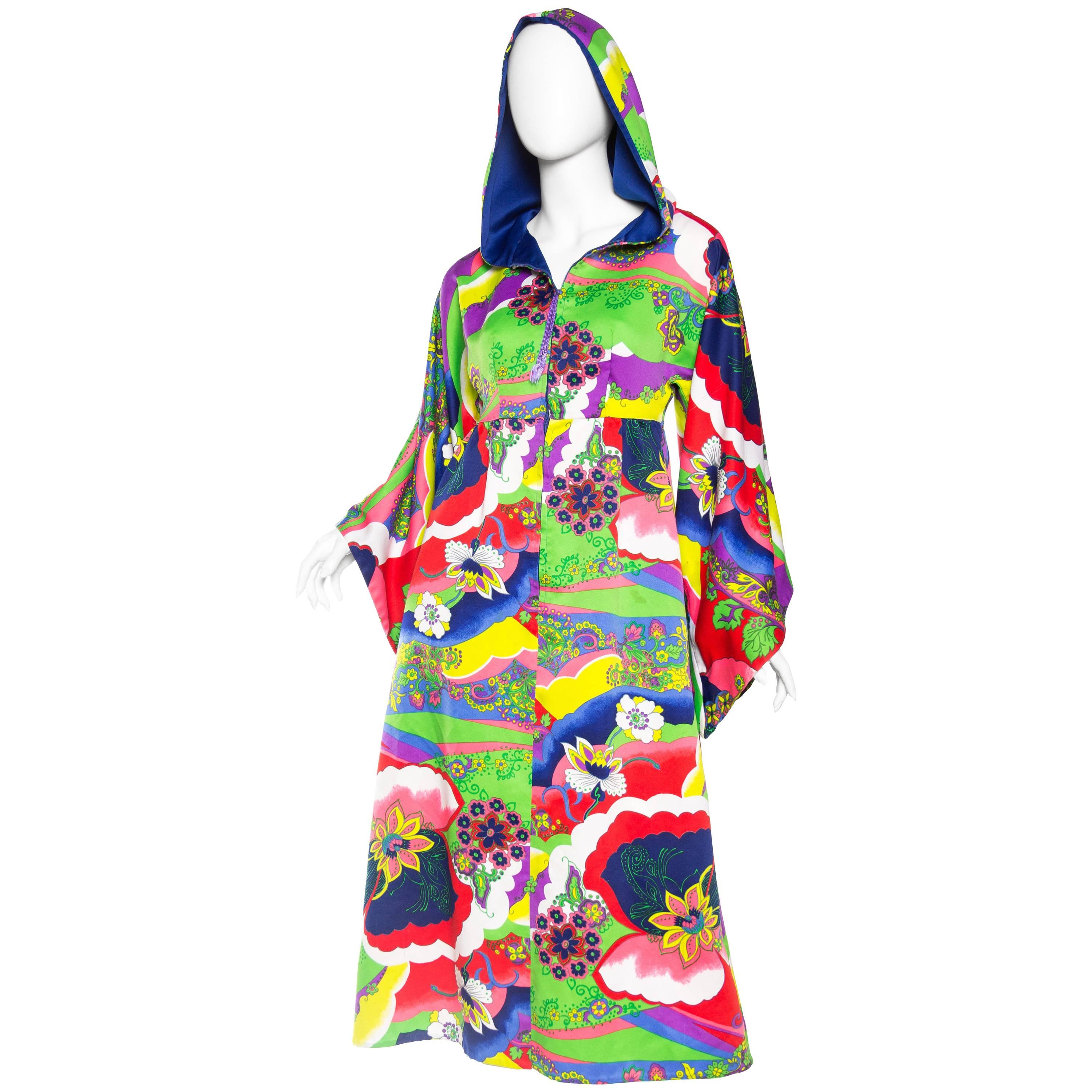 1970S Multicolor Psychedelic Polyester Empire Waist Bell Sleeve Hooded Dress Wi