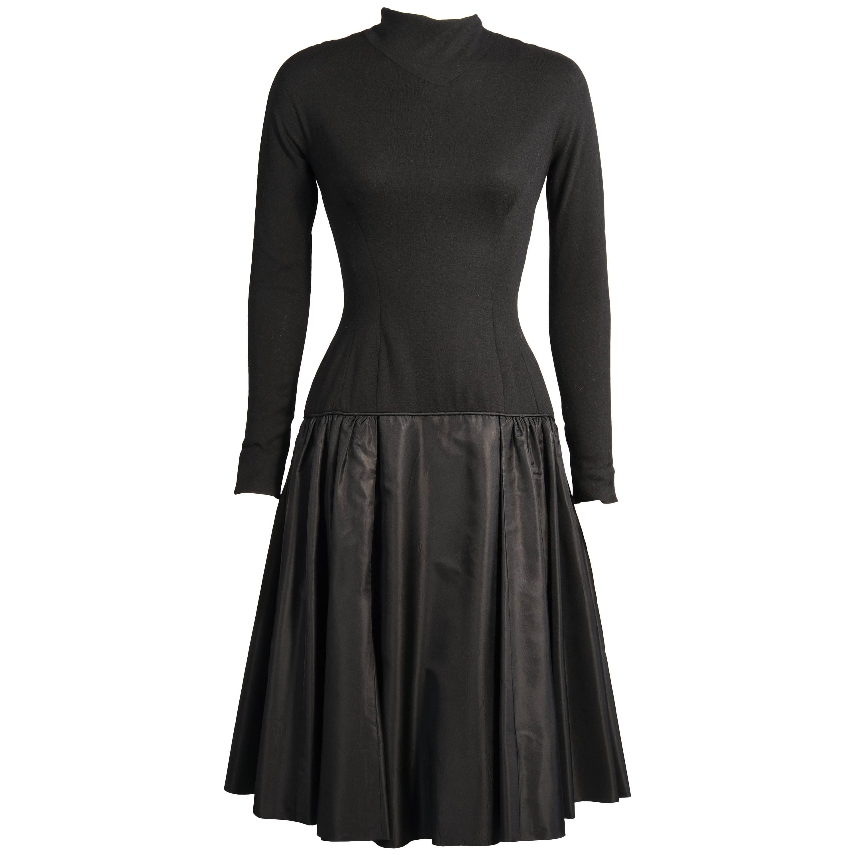 Mid-century Black Wool Jersey and Silk Satin Short Evening Dress For Sale