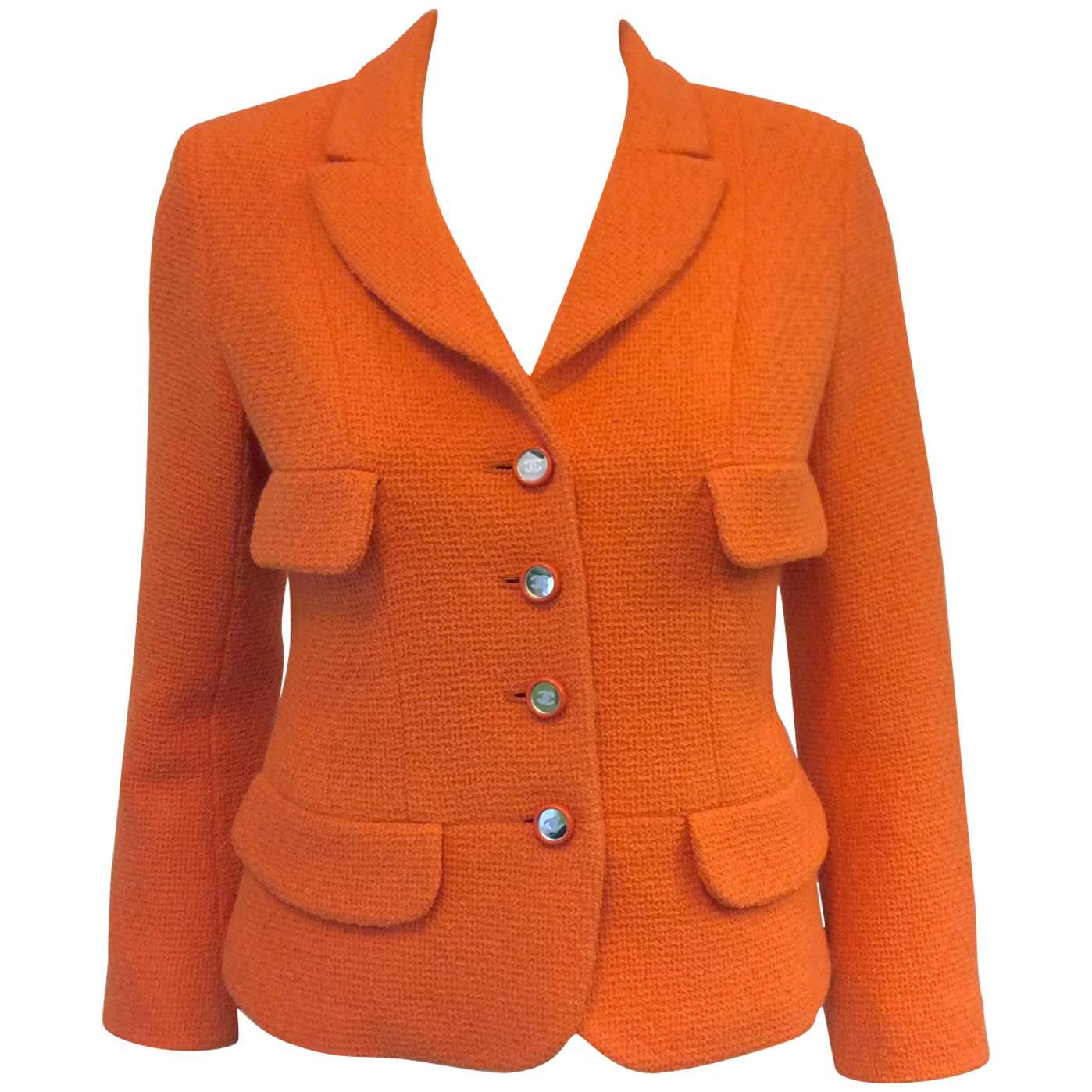 Chanel Boutique Mandarin Orange Wool Blend Jacket W Mirrored Logo Buttons 