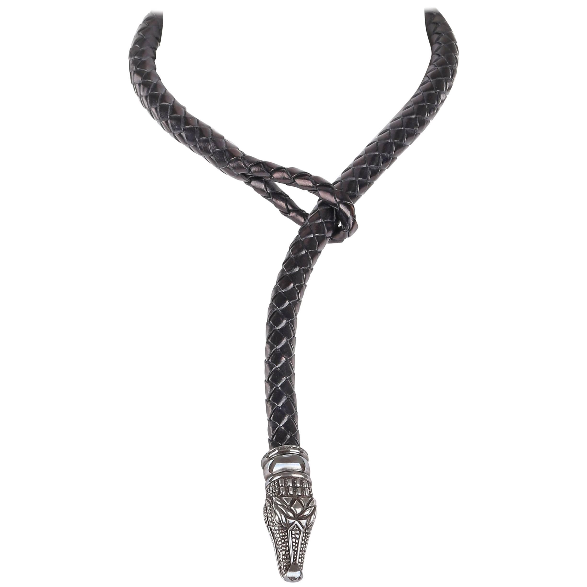 KIESELSTEIN-CORD c.1993 Braided Leather Sterling Silver Alligator Head Choker