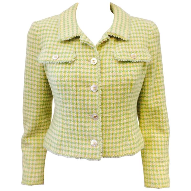 Chanel Boutique Green and Yellow Tweed Cropped Jacket-Mother of Pearl ...